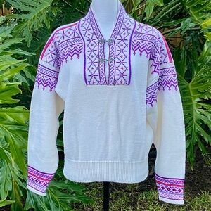 Vintage Meister Sweater Purple and White Fair Isle Silver Clasp Size Large